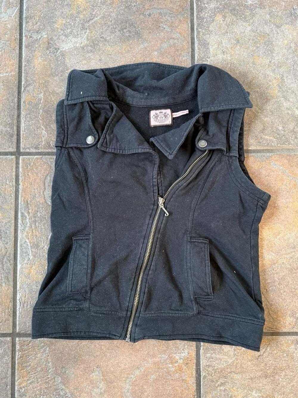 Juicy Couture Black Sleeveless Full-Zip Moto Style Fleece Vest